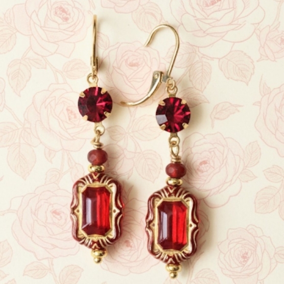 Victorian Jewelry - Victorian Red Ornate & Swarovski Ruby Crystal In Gold Plated Earrings